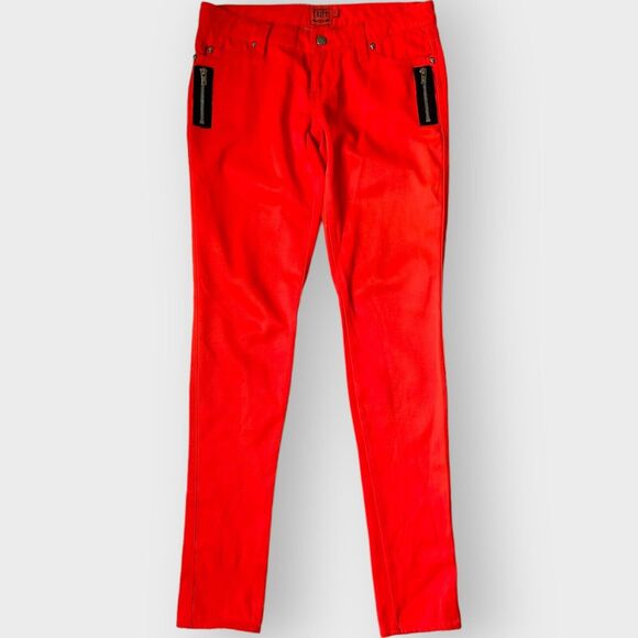 Tripp NYC Neon Skinny Pants Zippers Skulls Orange Low Rise Size 3 Grunge Goth - Picture 1 of 10